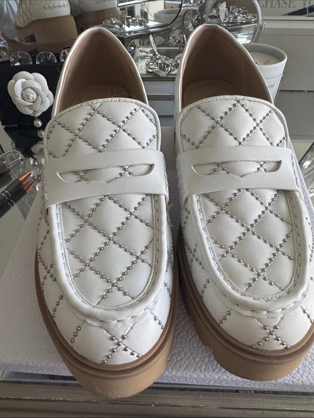Michael Kors White Quilted Studded Platform Loafers with Tan Sole